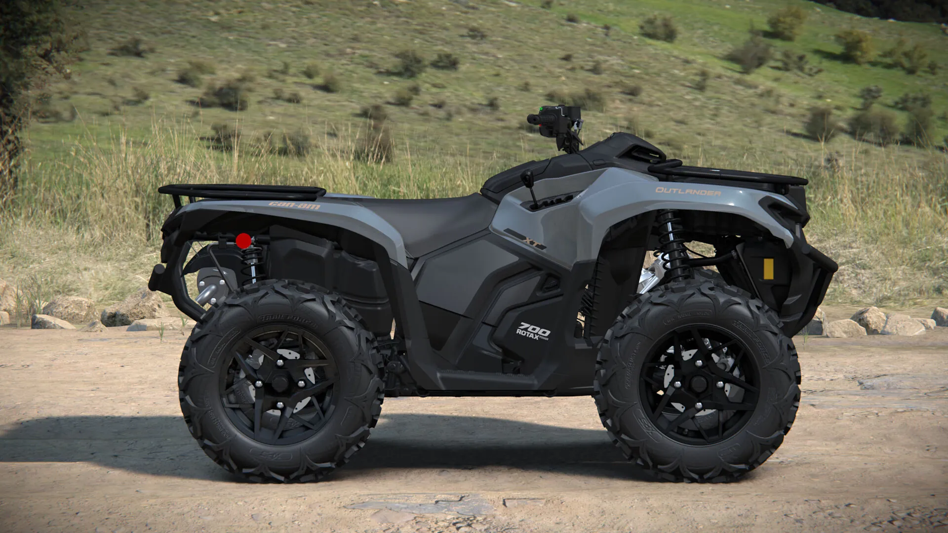 Can-Am Outlander XT 700 2027 в цвете Dolomite Grey на лесной дороге