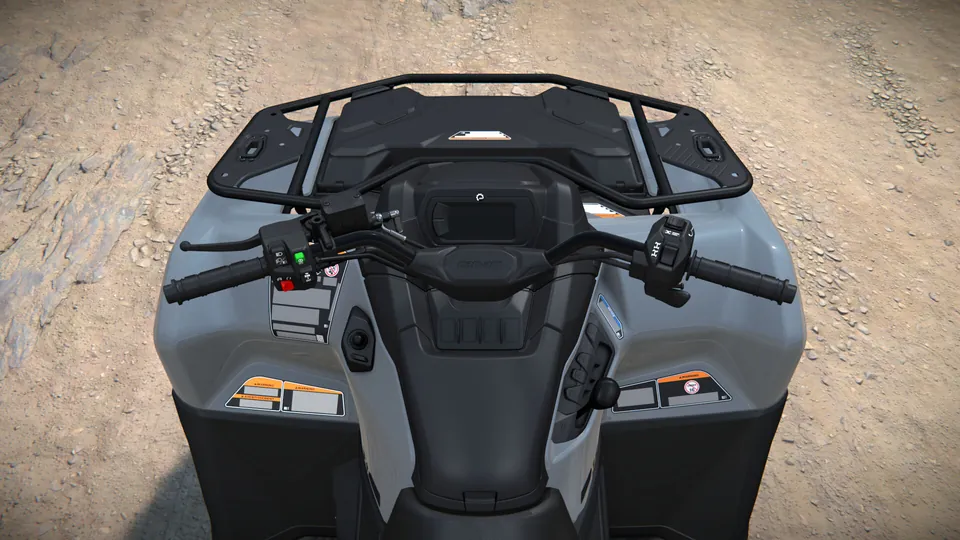 Can-Am Outlander XT 700 2027 серого цвета, вид сверху на руль, приборную панель и передний багажник