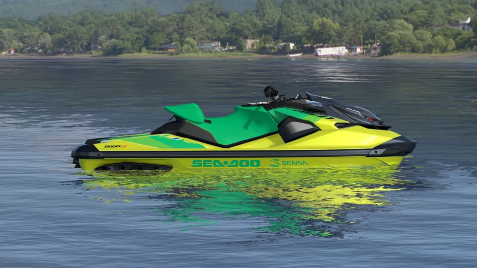 Sea-Doo RXP-X Senna 350 2027, Racing Yellow / Amazon Green, вид сбоку