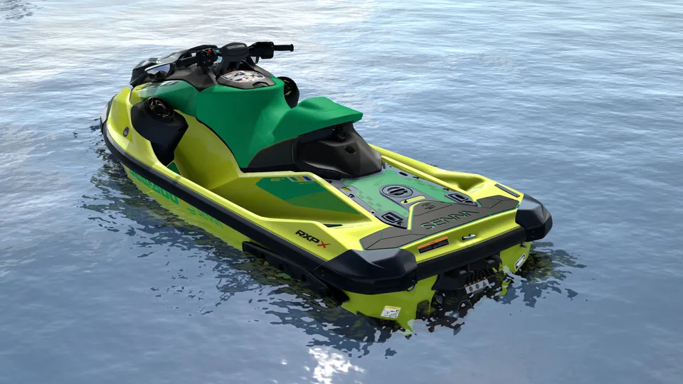 Sea-Doo RXP-X Senna 350 2027, Racing Yellow / Amazon Green, вид сзади слева