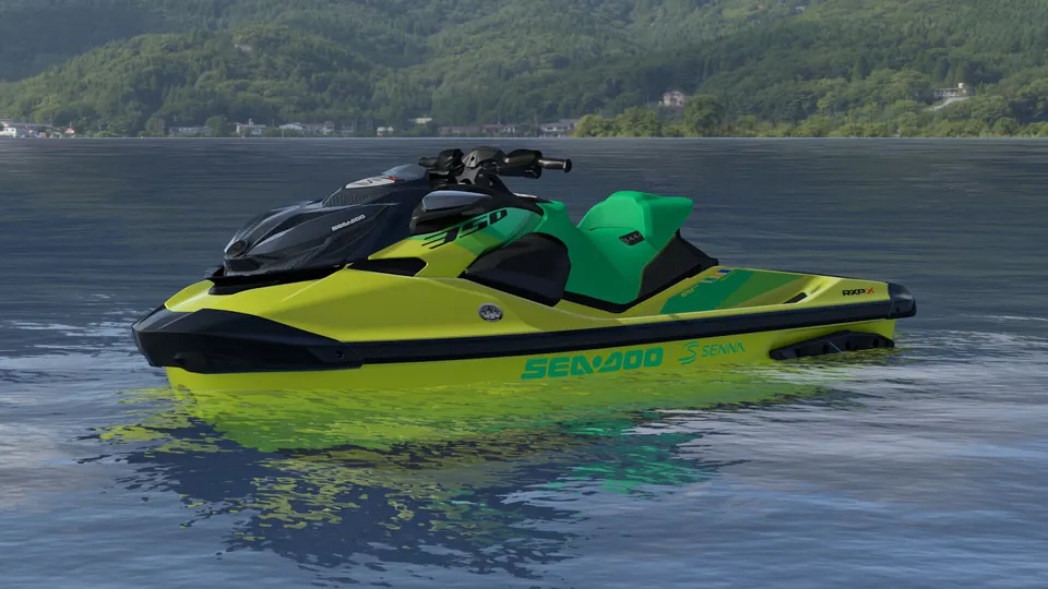 Sea-Doo RXP-X Senna 350 2027, Racing Yellow / Amazon Green, вид спереди слева