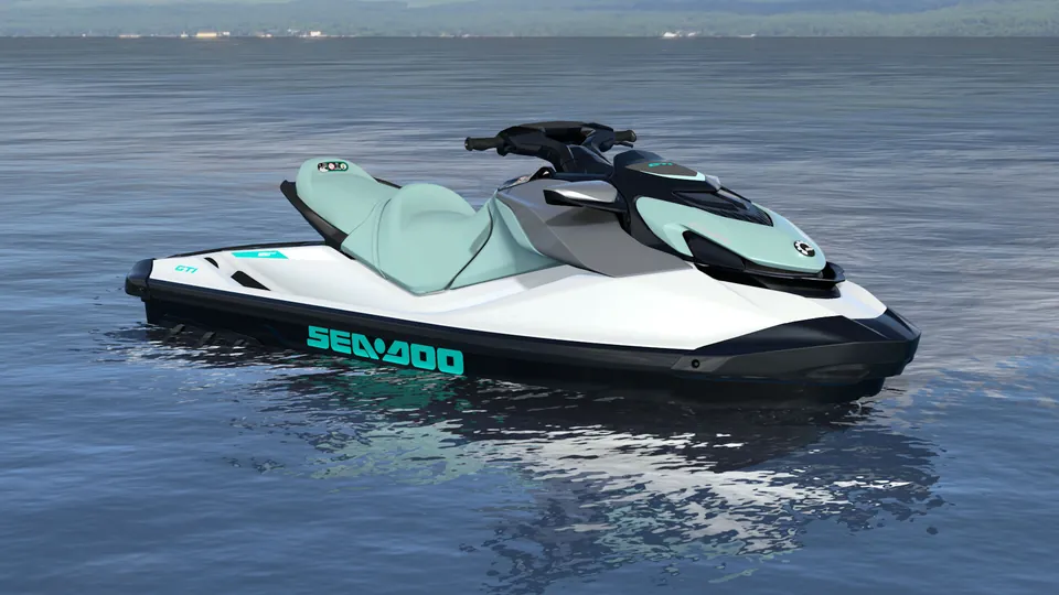 Sea-Doo GTI 130 2027, Bright White / Neo Mint, вид спереди справа