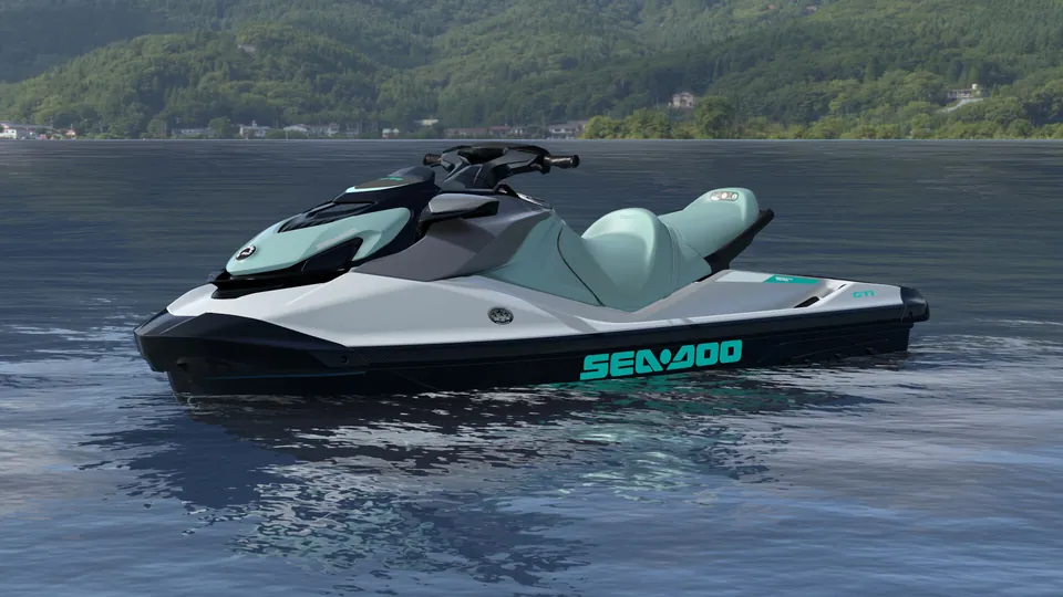 Sea-Doo GTI 130 2027, Bright White / Neo Mint, вид спереди слева