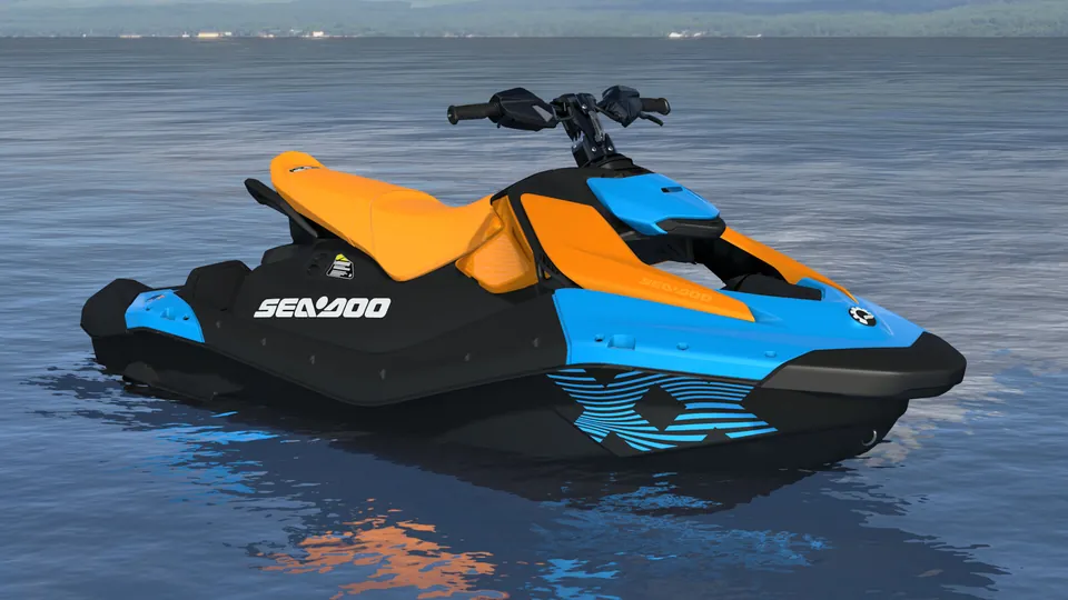 Sea-Doo Spark X Trixx 3-up 2027, Gulfstream Blue / Orange Crush, вид спереди справа