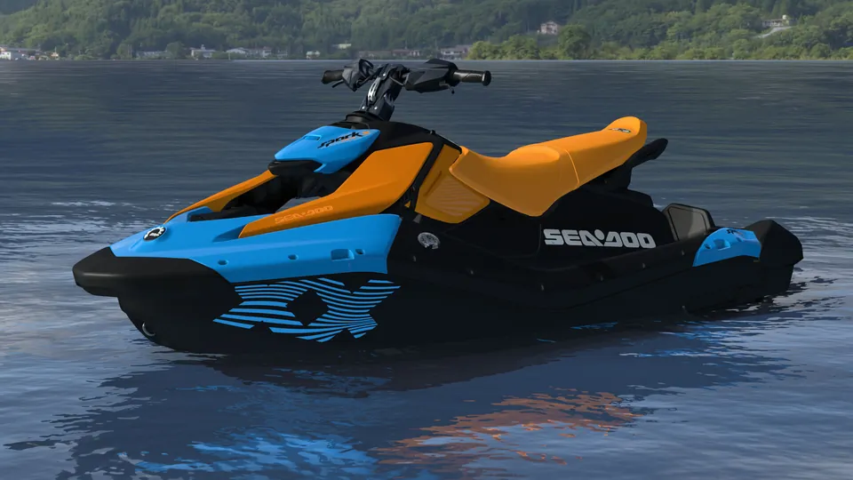 Sea-Doo Spark X Trixx 3-up 2027, Gulfstream Blue / Orange Crush, вид спереди слева