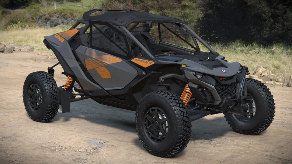 Can-Am Maverick R X 2027, Granite Grey & Orange Crush, вид спереди справа