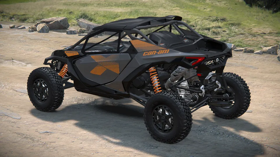 Can-Am Maverick R X 2027, Granite Grey & Orange Crush, вид сзади слева