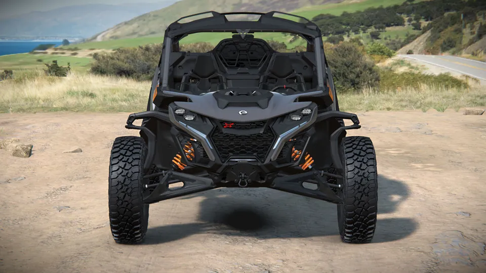 Can-Am Maverick R X 2027, Granite Grey & Orange Crush, вид спереди