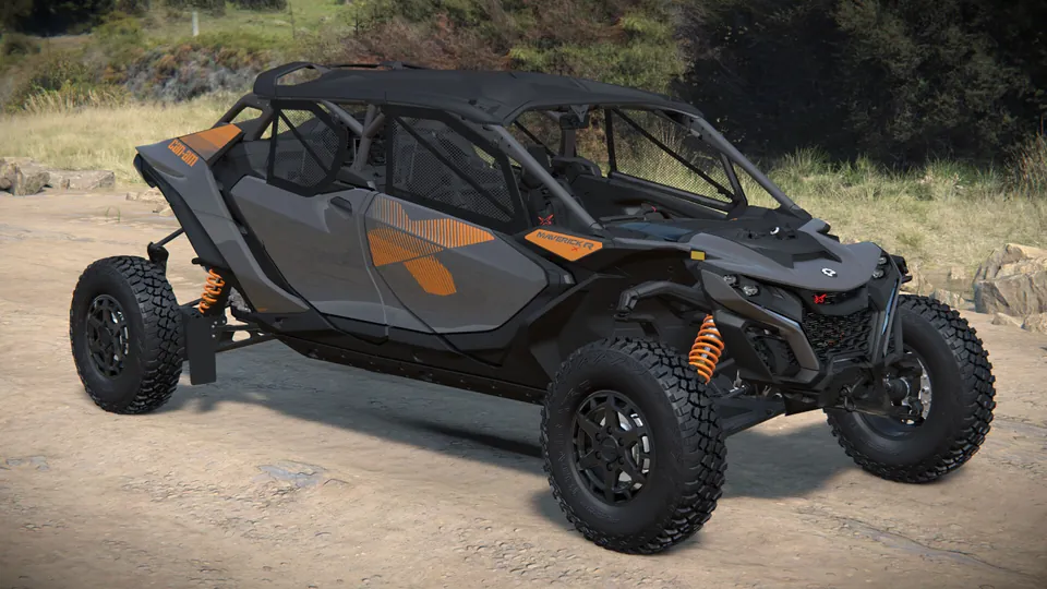 Can-Am Maverick R MAX X 2027, Granite Grey & Orange Crush, вид спереди справа