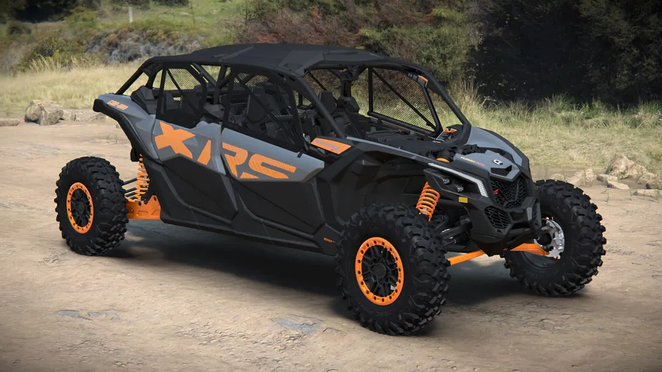 Can-Am Maverick X3 MAX X rs 2027, Dolomite Grey & Orange Crush, вид спереди справа