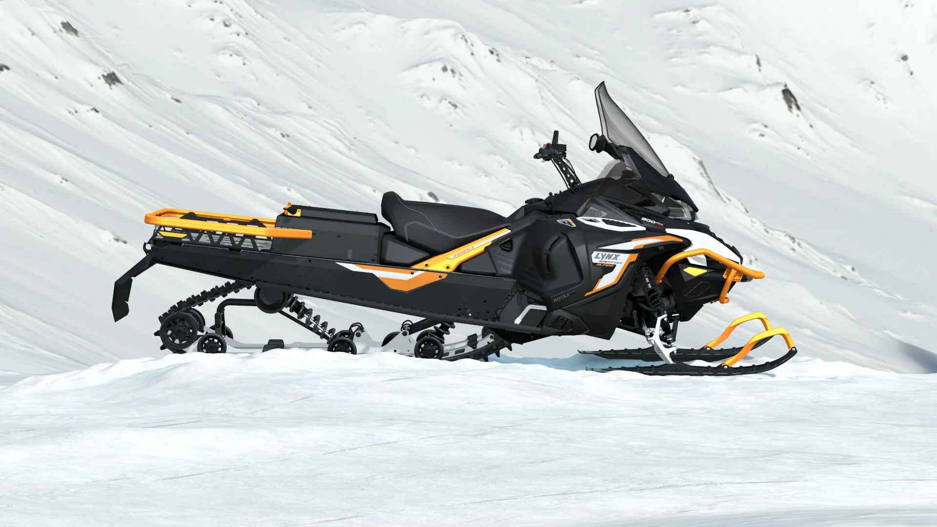 Lynx 69 Ranger Alpine 2027 в цвете Bright White / Orange Crush на снегу