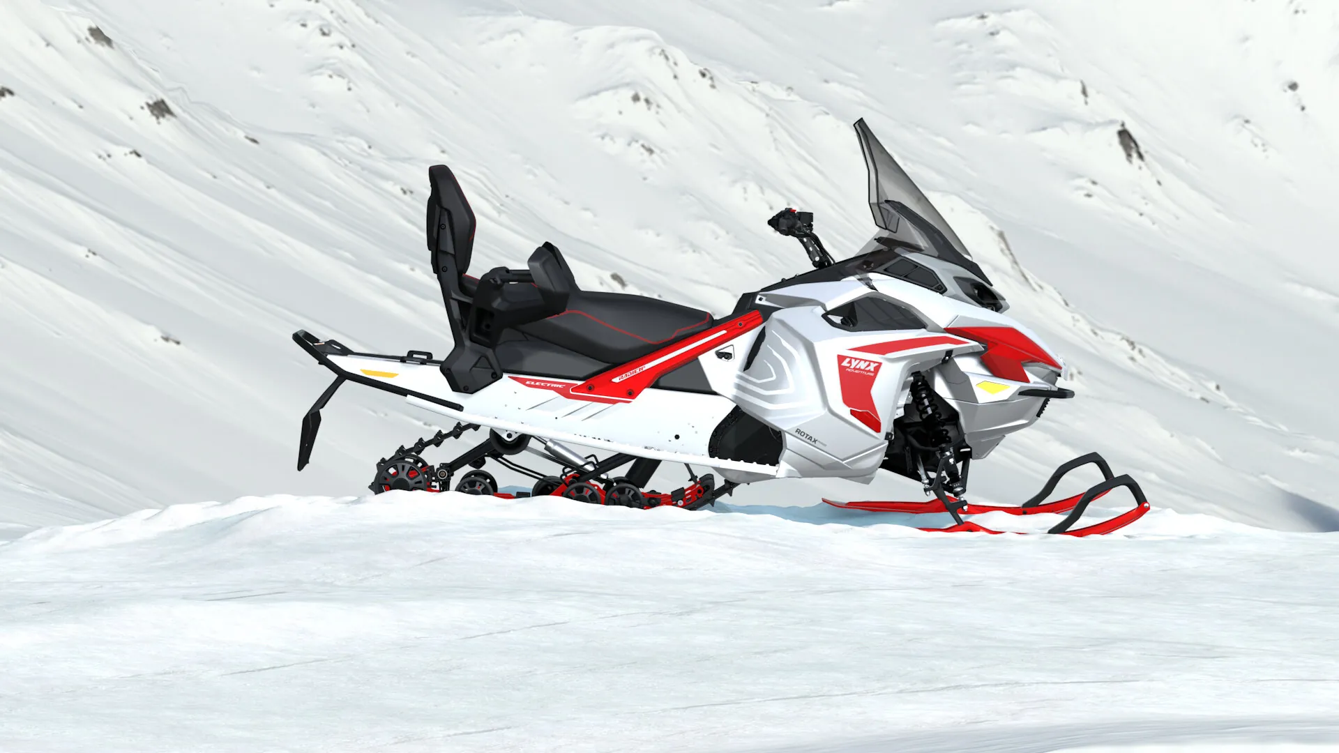 Электрический снегоход Lynx Adventure Electric 2027 на снежной трассе