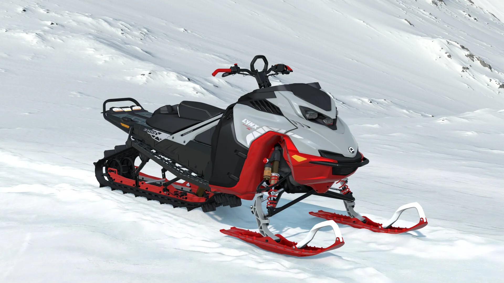 Lynx Shredder RE 2027, Hyper Silver / Viper Red, вид спереди справа