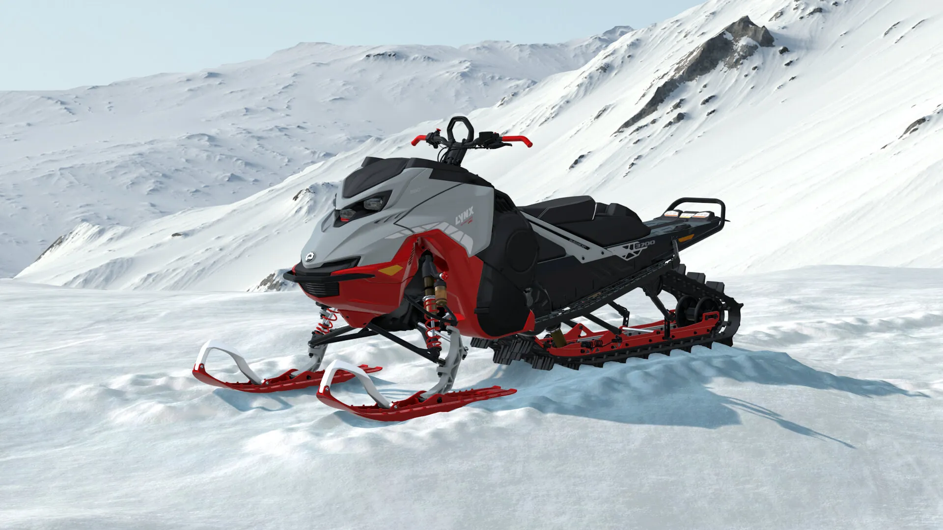 Lynx Shredder RE 2027, Hyper Silver / Viper Red, вид спереди слева