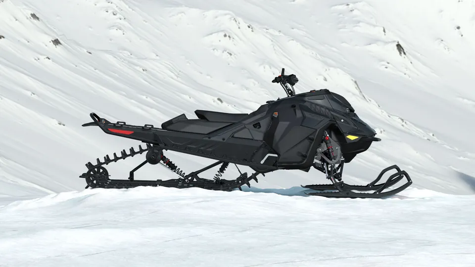 Ski-Doo Summit Expert 2027 в цвете Timeless Black, вид сбоку на снежном склоне