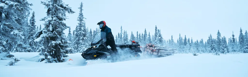 Снегоход Lynx 69 Ranger везёт сани с брёвнами по заснеженному лесу